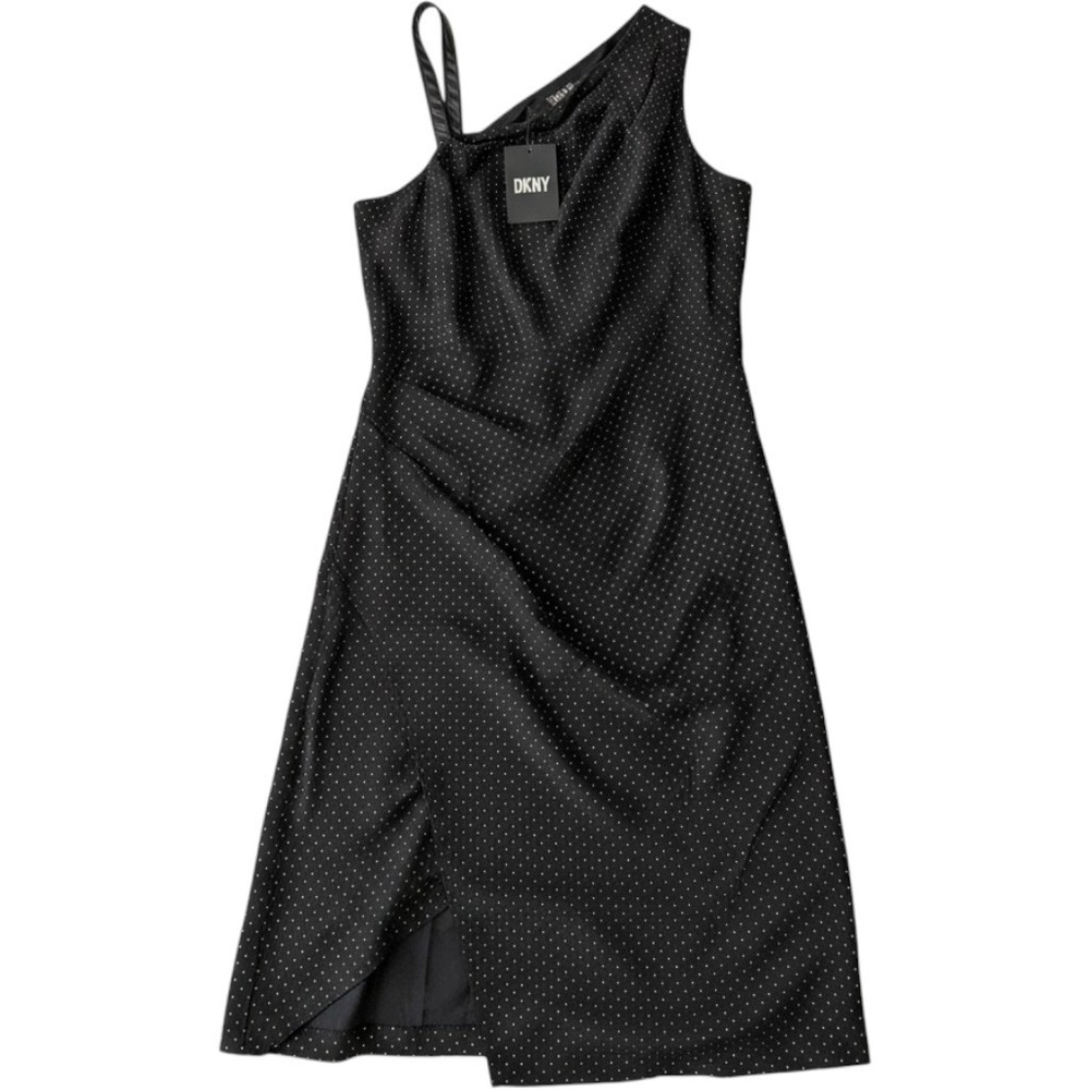 DKNY One Shoulder Dress Womens S Black New Polka Dot Faux Leather Strap Slit
